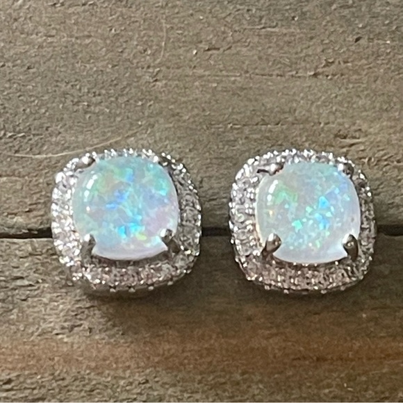 Simulated Fire Pink, Blue Opal, White Gold Plated, Cubic Zirconia Stud Earrings - Picture 10 of 12